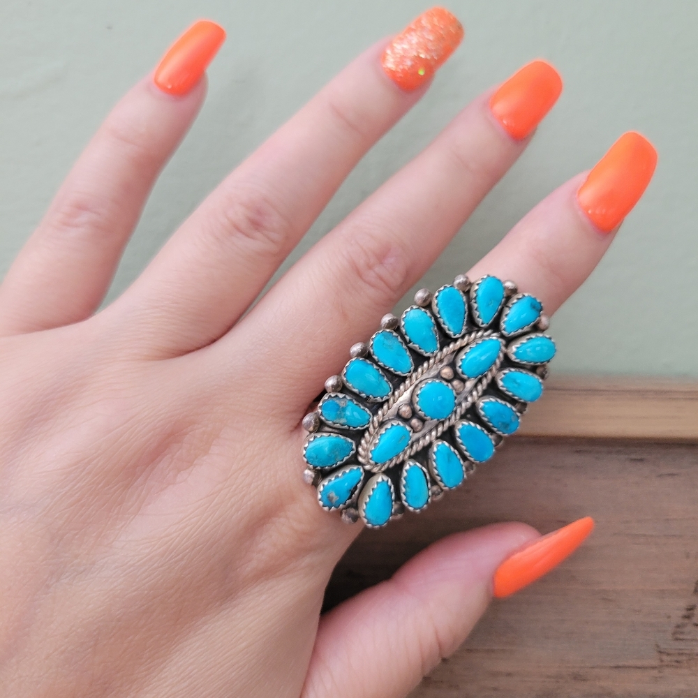 Turquoise Cluster & Sterling Silver Ring Southwestern Boho Native Rodeo 7.5